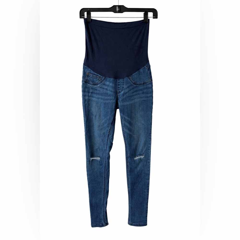 Indigo Blue Maternity Skinny Jeans XS Over Belly Panel Distressed Denim